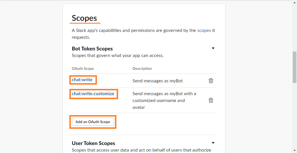 slack app Scopes